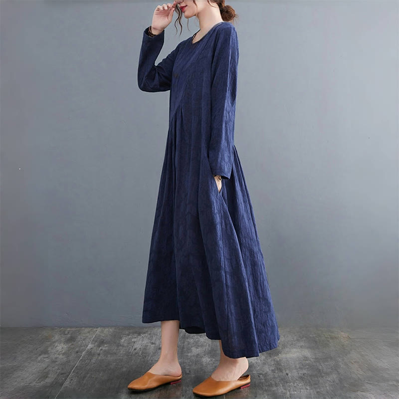 Smiple Jacquard Pattern Long Sleeve Cotton Linen Women's Midi Dress With Pockets
