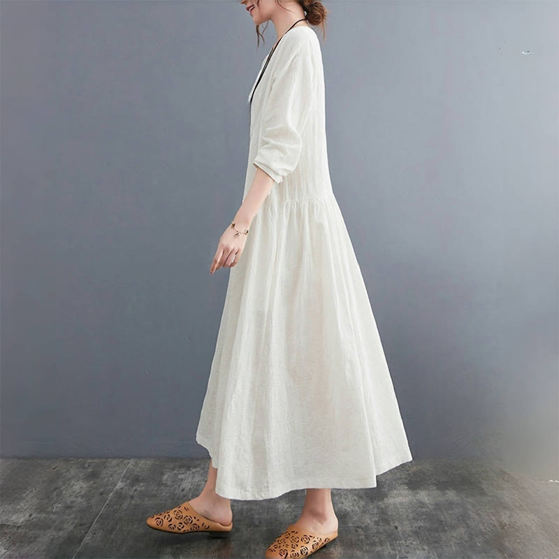 Smiple Jacquard Pattern Long Sleeve Cotton Linen Women's Midi Dress With Pockets