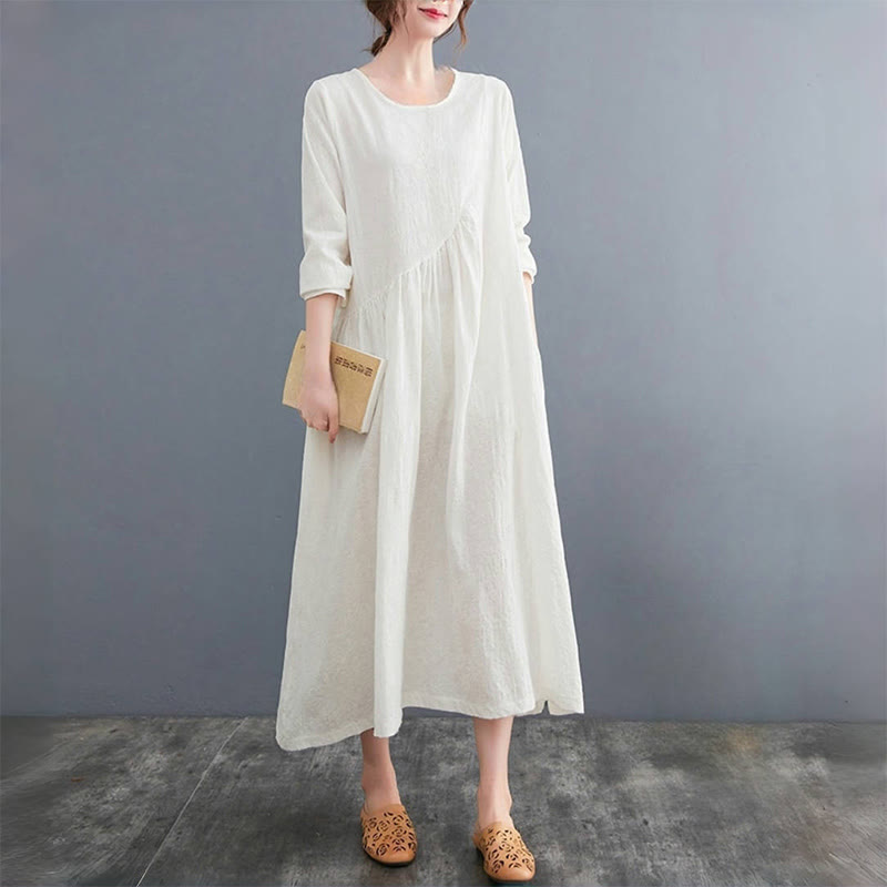 Smiple Jacquard Pattern Long Sleeve Cotton Linen Women's Midi Dress With Pockets