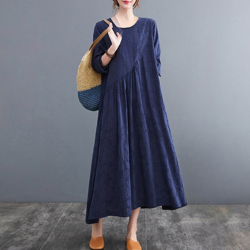 Smiple Jacquard Pattern Long Sleeve Cotton Linen Women's Midi Dress With Pockets