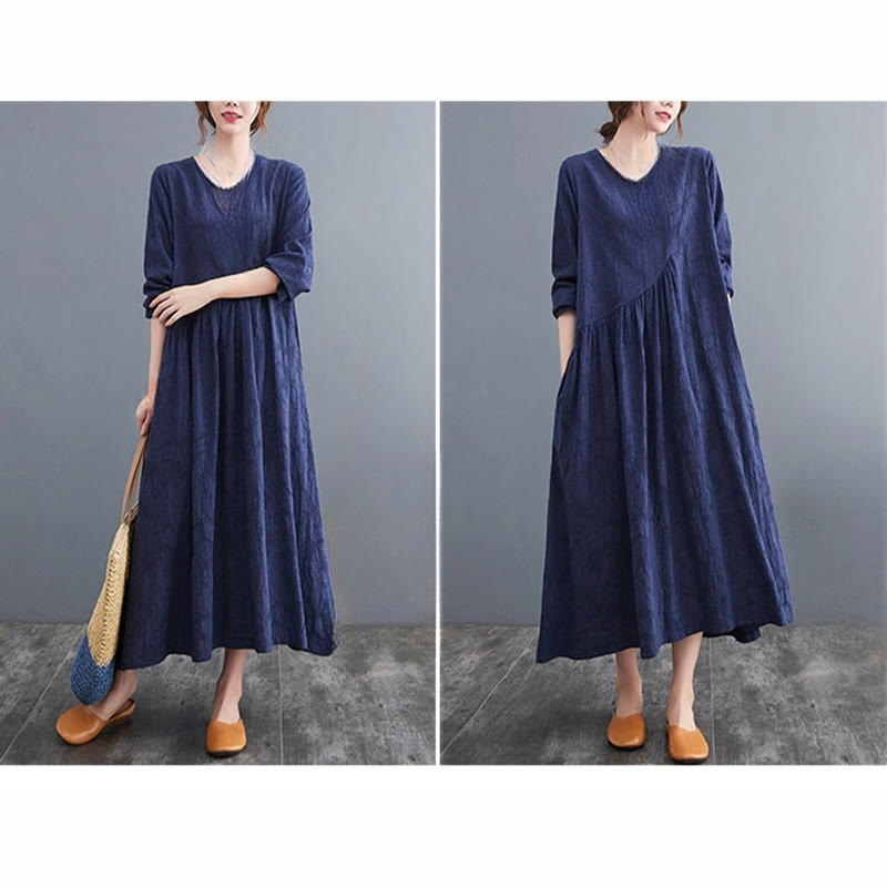 Smiple Jacquard Pattern Long Sleeve Cotton Linen Women's Midi Dress With Pockets