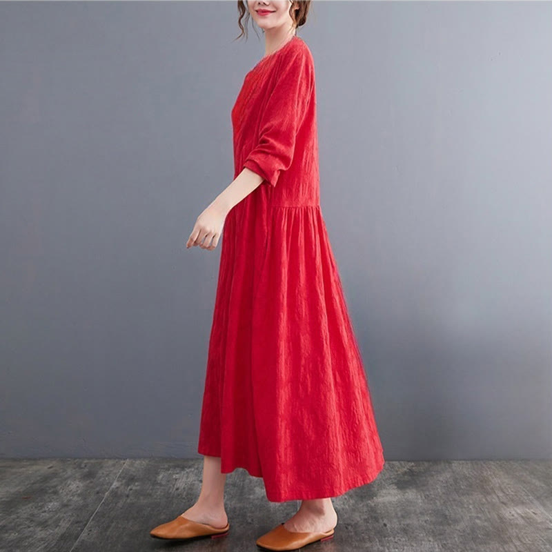 Smiple Jacquard Pattern Long Sleeve Cotton Linen Women's Midi Dress With Pockets