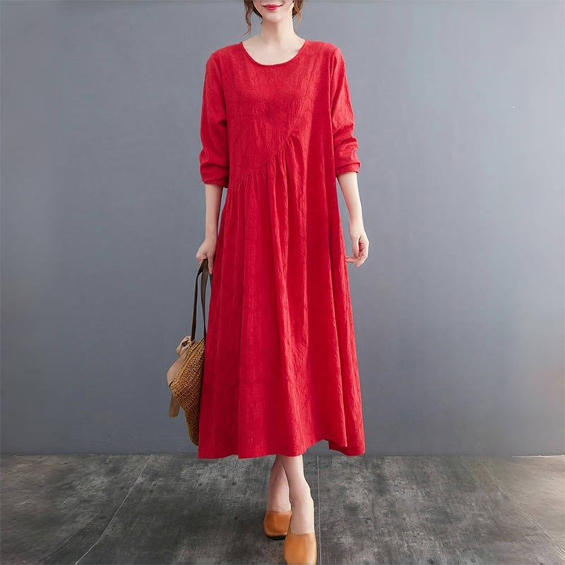 Smiple Jacquard Pattern Long Sleeve Cotton Linen Women's Midi Dress With Pockets
