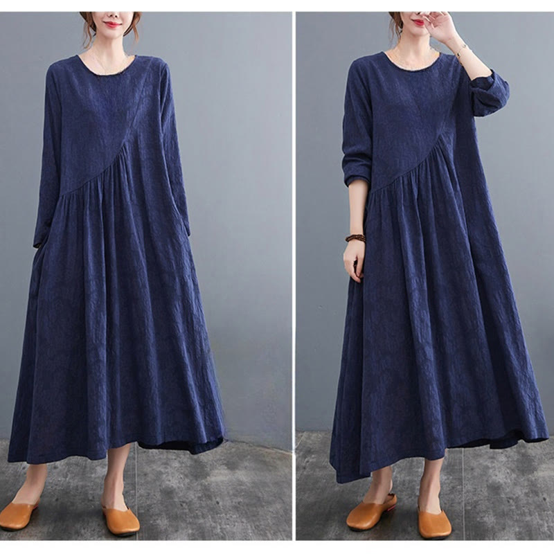 Smiple Jacquard Pattern Long Sleeve Cotton Linen Women's Midi Dress With Pockets