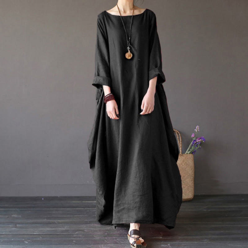 Breathable Cotton Three-Quarter Sleeve Meditation Maxi Dress