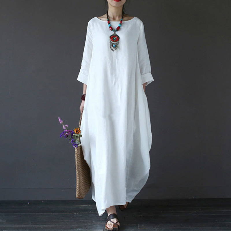 Breathable Cotton Three-Quarter Sleeve Meditation Maxi Dress