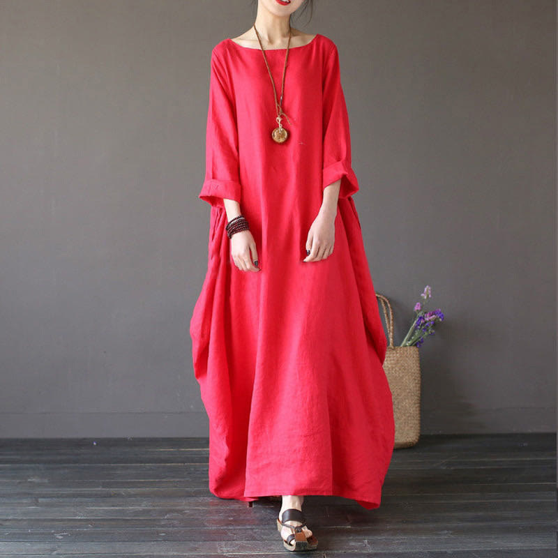 Breathable Cotton Three-Quarter Sleeve Meditation Maxi Dress