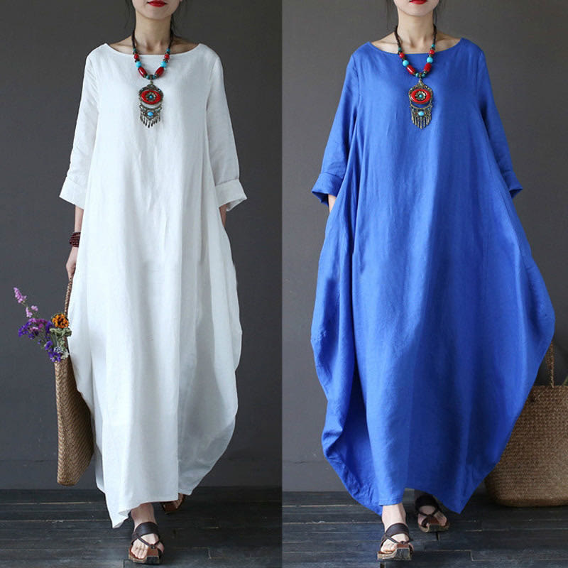 Breathable Cotton Three-Quarter Sleeve Meditation Maxi Dress