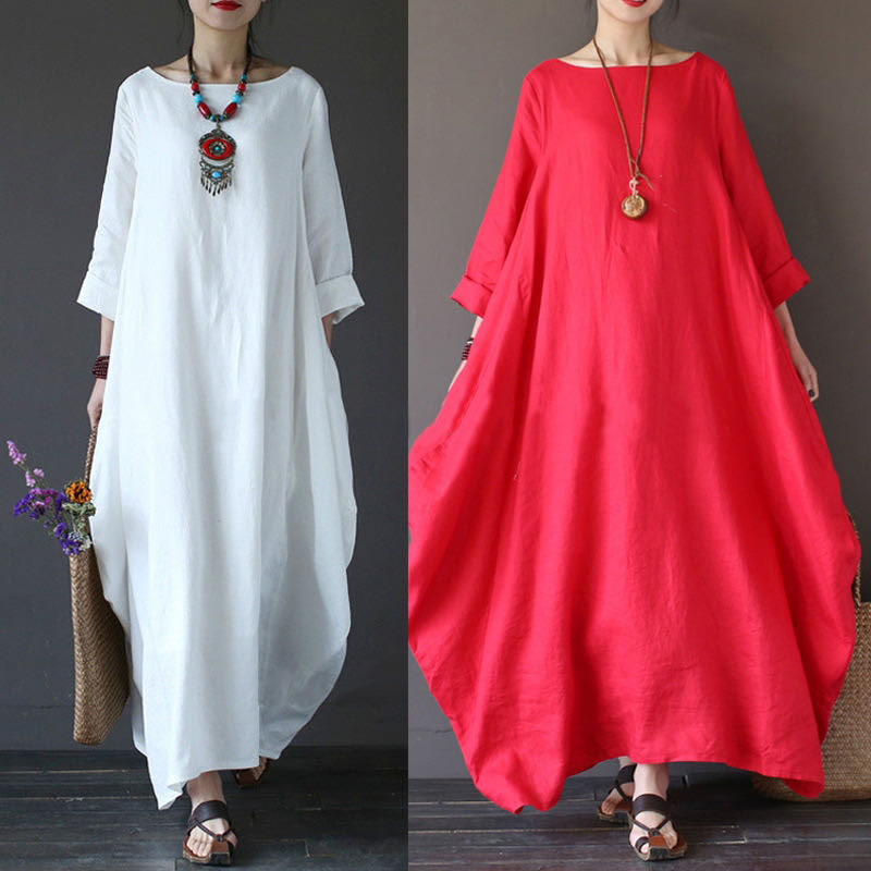 Breathable Cotton Three-Quarter Sleeve Meditation Maxi Dress
