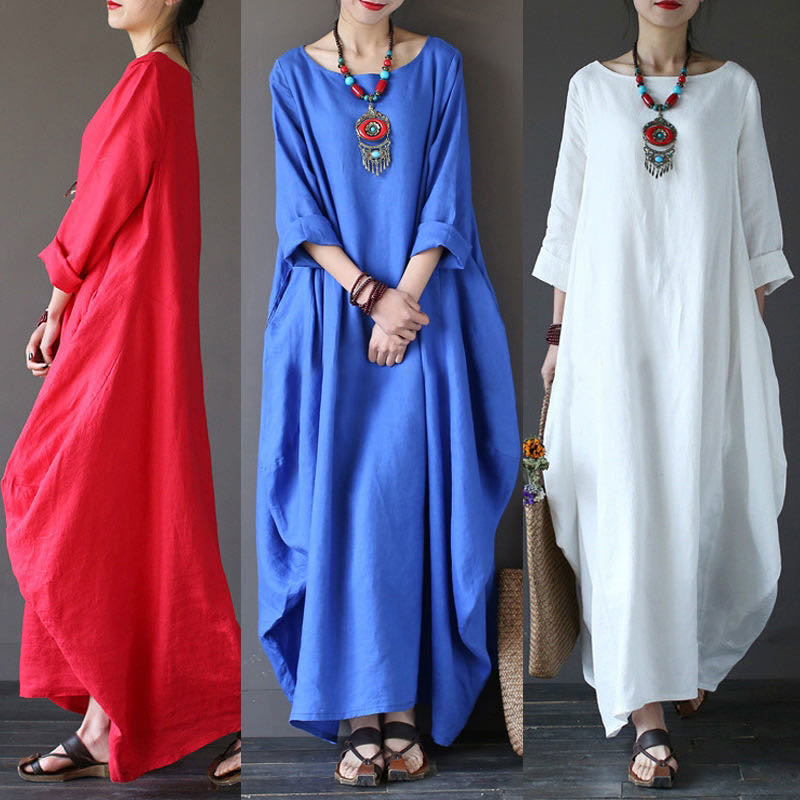 Breathable Cotton Three-Quarter Sleeve Meditation Maxi Dress