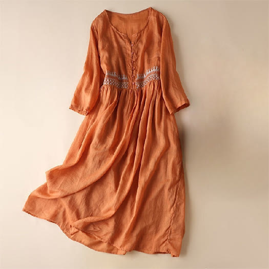 Embroidery Geometry Nine-Quarter Sleeve Cotton Women's Midi Dress With Pockets