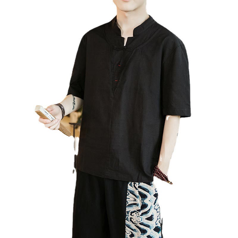 Breathable Cotton Frog-Button Notched Neck Meditation Shirt