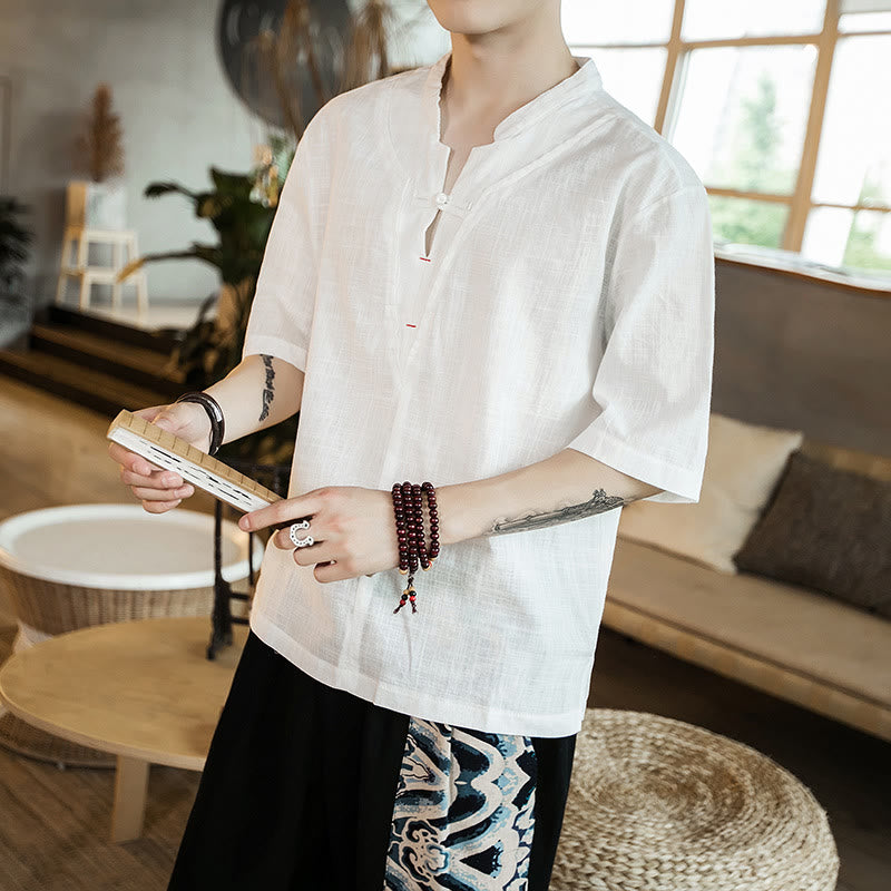 Breathable Cotton Frog-Button Notched Neck Meditation Shirt
