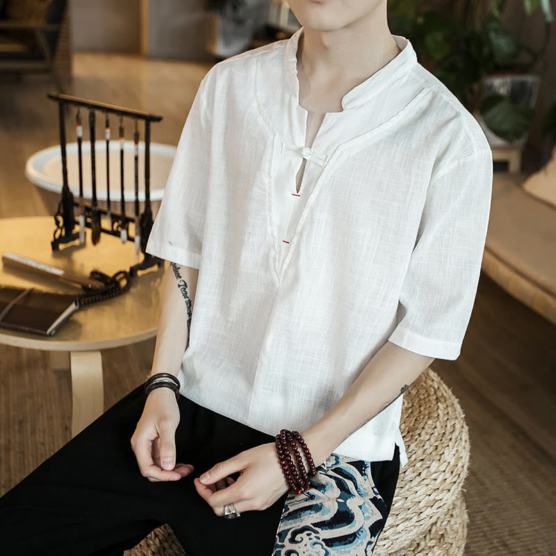 Breathable Cotton Frog-Button Notched Neck Meditation Shirt