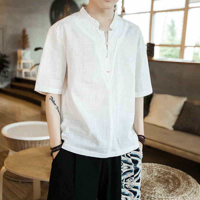 Breathable Cotton Frog-Button Notched Neck Meditation Shirt