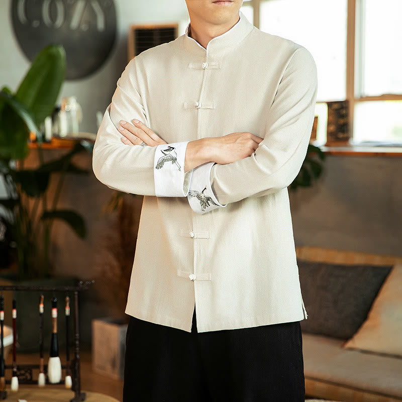 Tang Suit Frog-Button Crane Embroidery Long Sleeve Cotton Men's Shirt