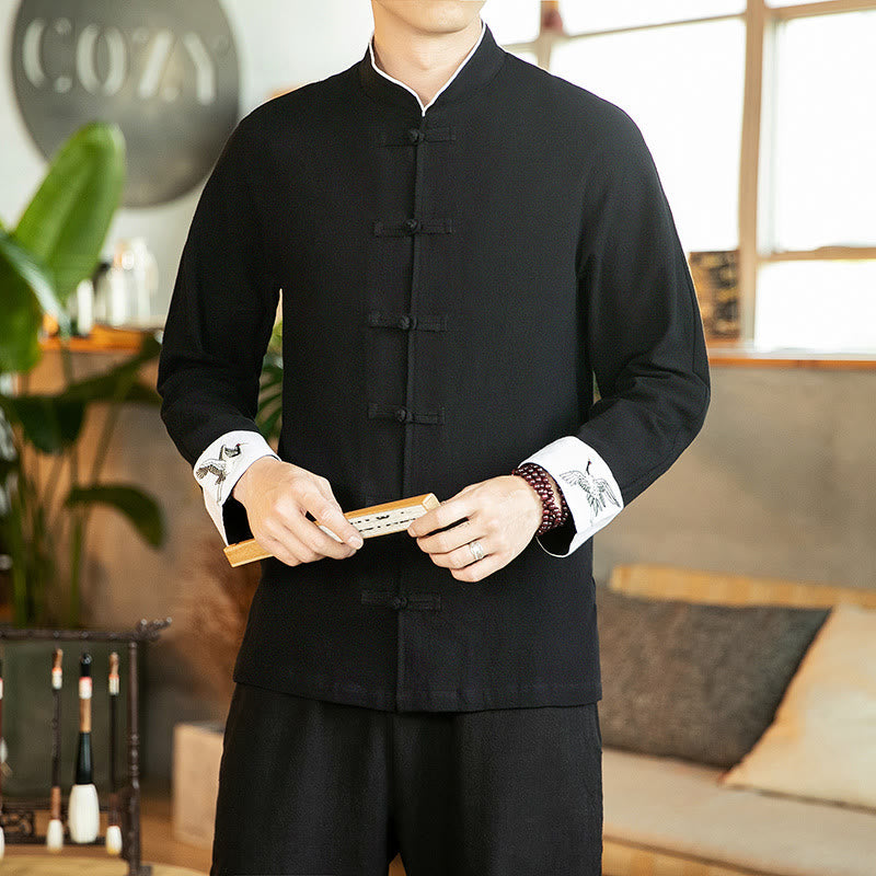 Tang Suit Frog-Button Crane Embroidery Long Sleeve Cotton Men's Shirt
