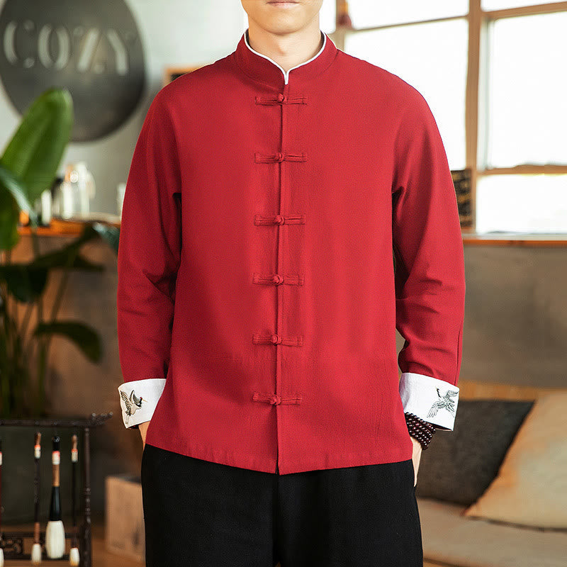 Tang Suit Frog-Button Crane Embroidery Long Sleeve Cotton Men's Shirt