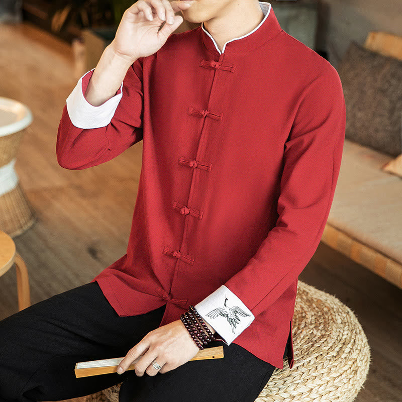 Tang Suit Frog-Button Crane Embroidery Long Sleeve Cotton Men's Shirt