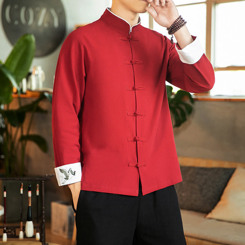 Tang Suit Frog-Button Crane Embroidery Long Sleeve Cotton Men's Shirt