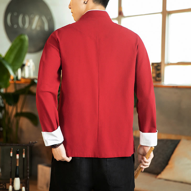 Tang Suit Frog-Button Crane Embroidery Long Sleeve Cotton Men's Shirt