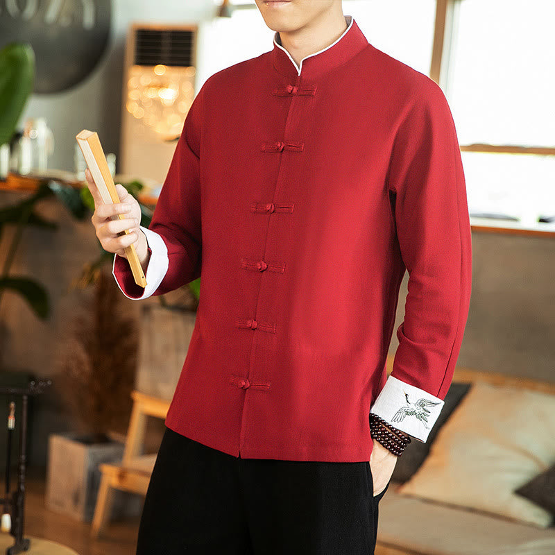 Tang Suit Frog-Button Crane Embroidery Long Sleeve Cotton Men's Shirt