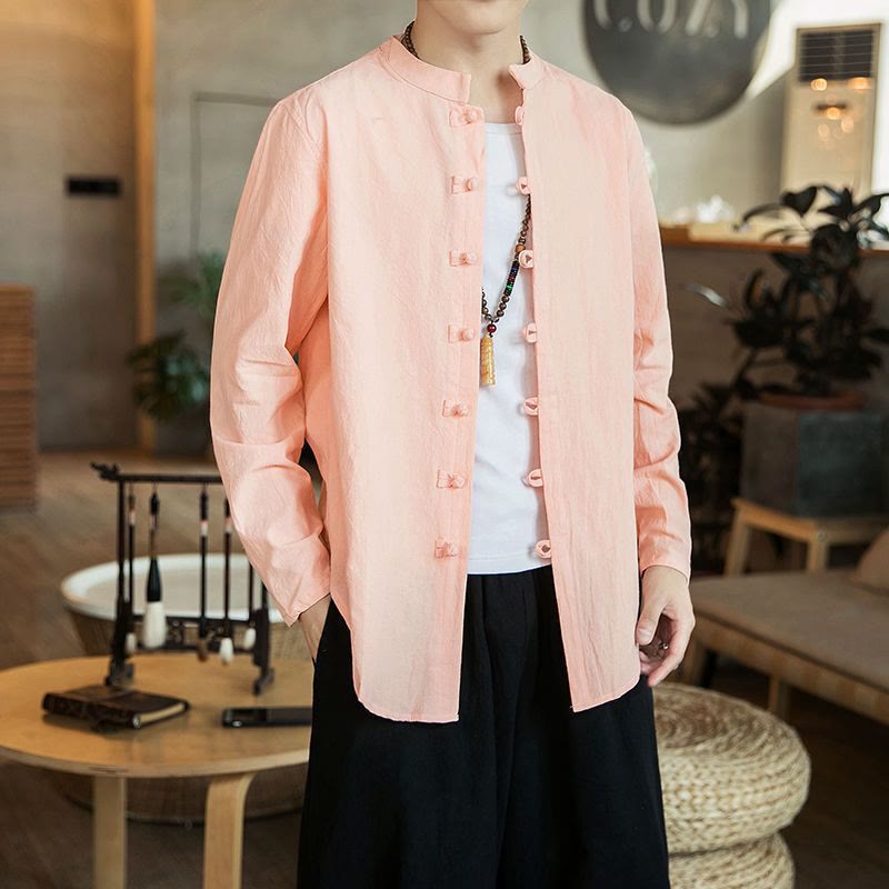 Casual Stand Collar Frog-Button Long Sleeve Tang Suit Linen Men's Shirt