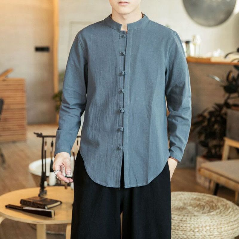 Casual Stand Collar Frog-Button Long Sleeve Tang Suit Linen Men's Shirt