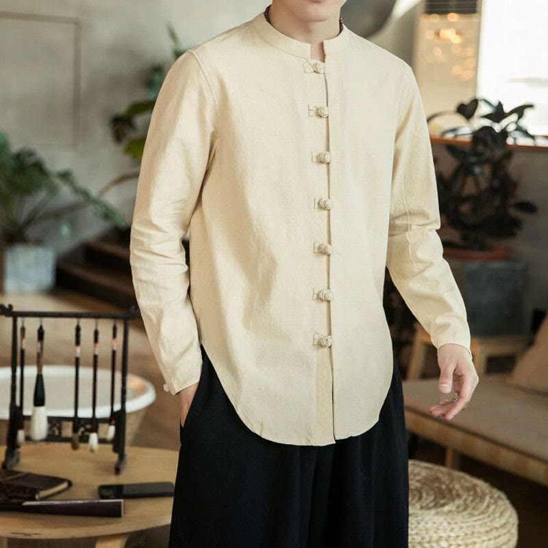 Casual Stand Collar Frog-Button Long Sleeve Tang Suit Linen Men's Shirt