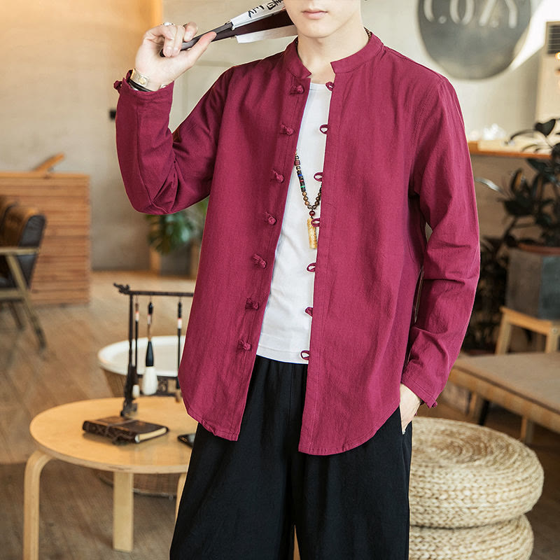 Casual Stand Collar Frog-Button Long Sleeve Tang Suit Linen Men's Shirt
