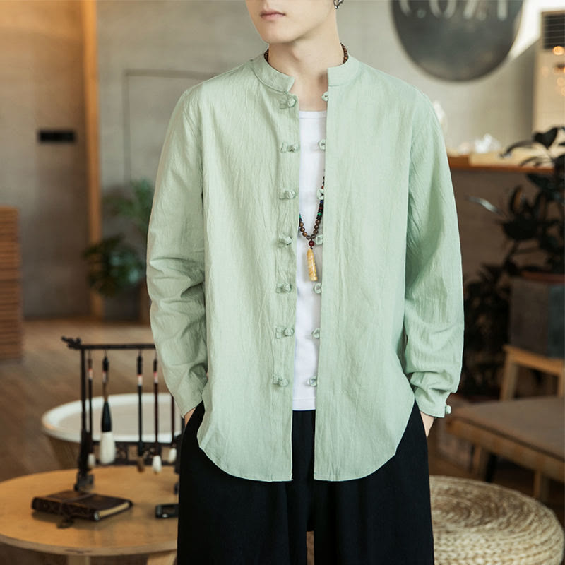 Casual Stand Collar Frog-Button Long Sleeve Tang Suit Linen Men's Shirt