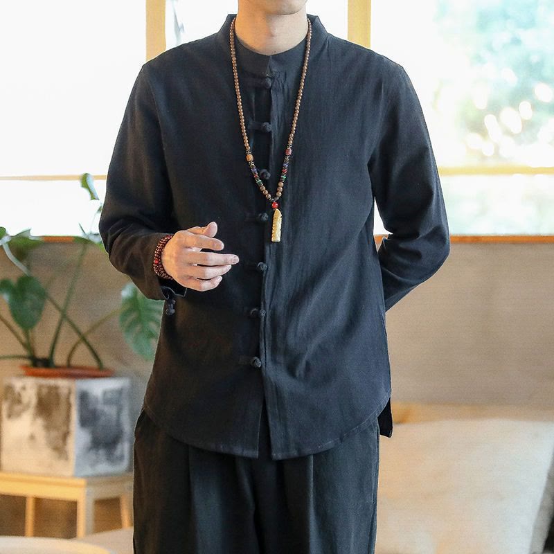 Casual Stand Collar Frog-Button Long Sleeve Tang Suit Linen Men's Shirt