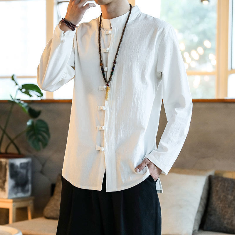 Casual Stand Collar Frog-Button Long Sleeve Tang Suit Linen Men's Shirt