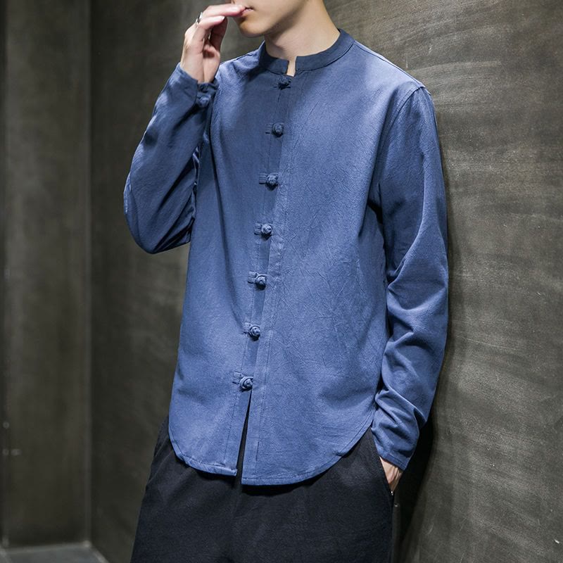 Casual Stand Collar Frog-Button Long Sleeve Tang Suit Linen Men's Shirt