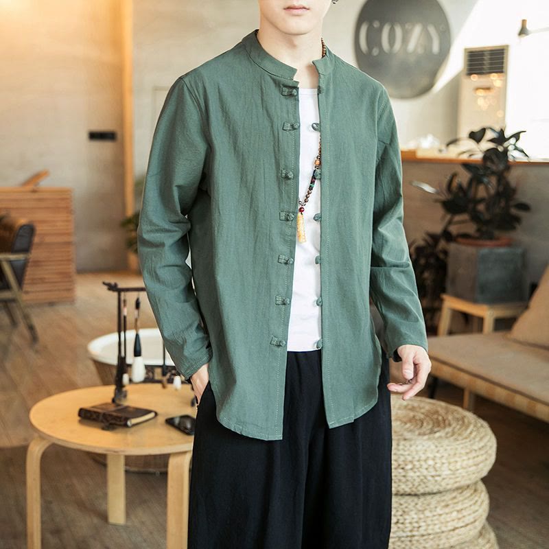 Casual Stand Collar Frog-Button Long Sleeve Tang Suit Linen Men's Shirt