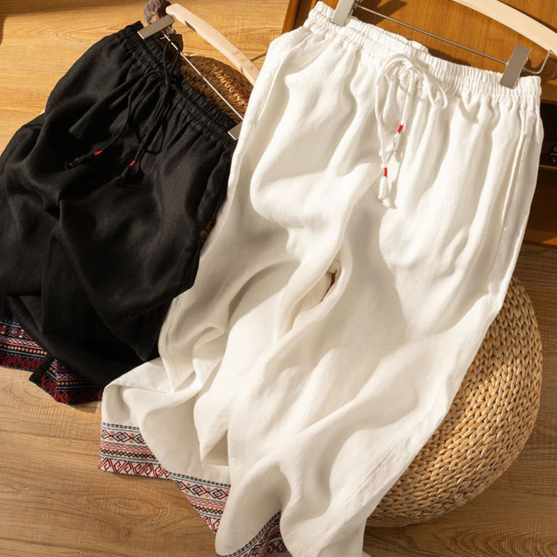 Embroidered Cotton Linen Wide-Leg Mindful Meditation Pants