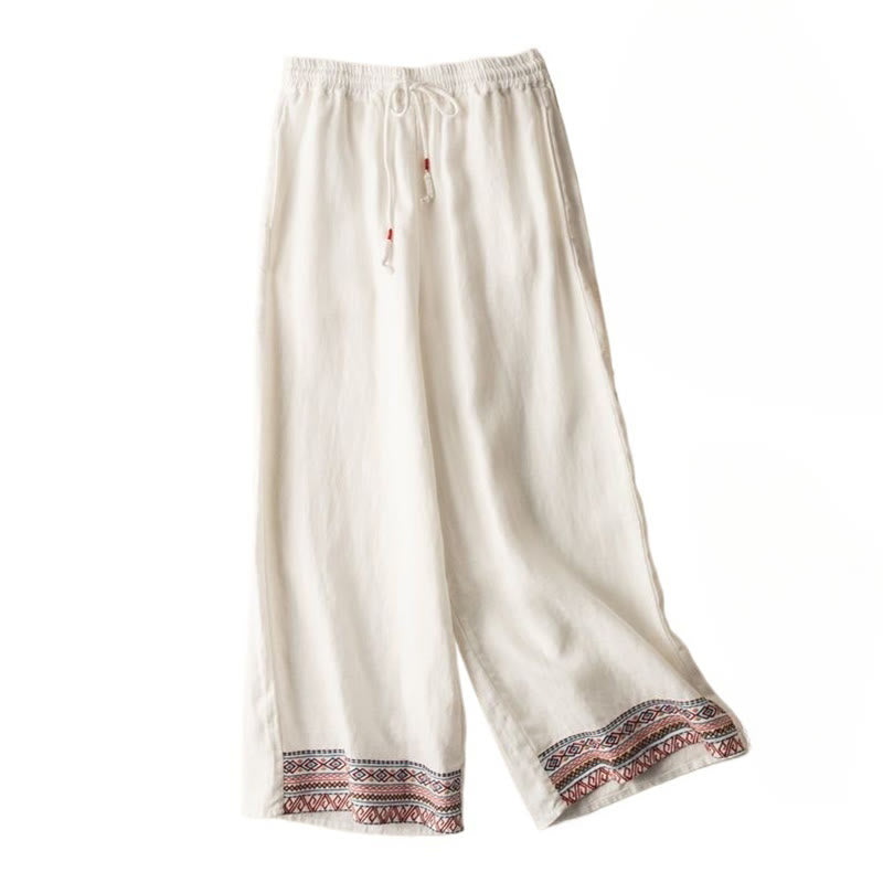 Embroidered Cotton Linen Wide-Leg Mindful Meditation Pants