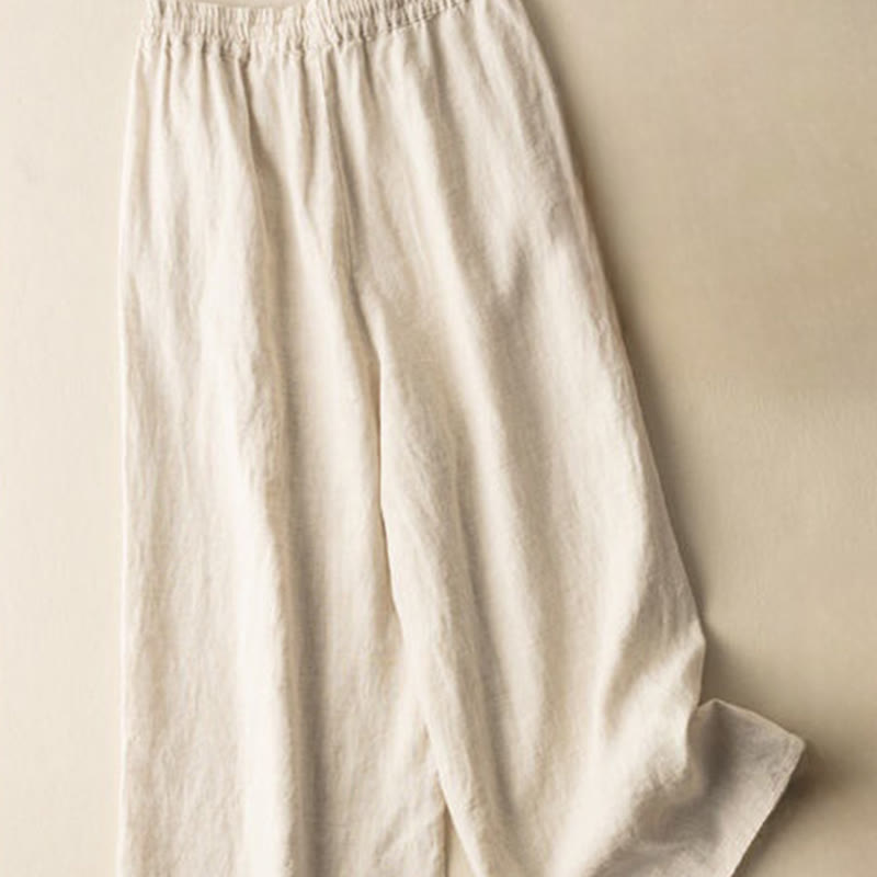 Casual Embroidery Bohemian Pattern Drawstring Cotton Linen Women's Wide Leg Pants With Pockets