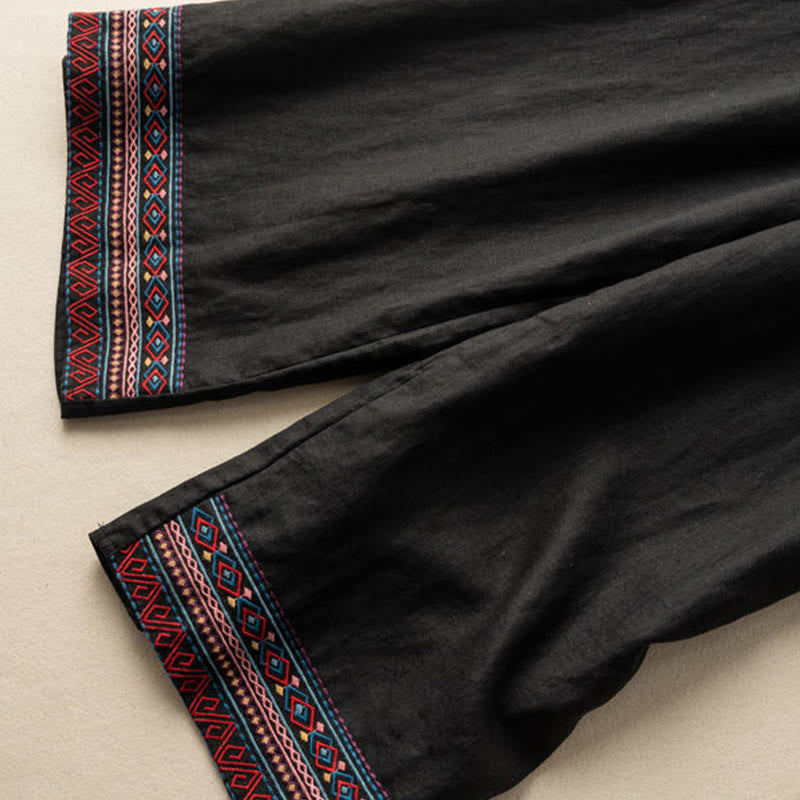 Embroidered Cotton Linen Wide-Leg Mindful Meditation Pants