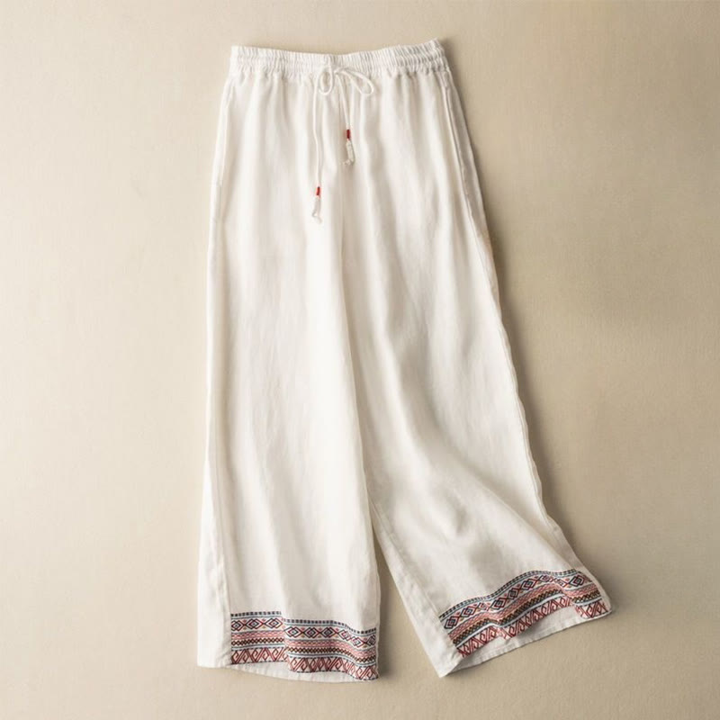 Embroidered Cotton Linen Wide-Leg Mindful Meditation Pants