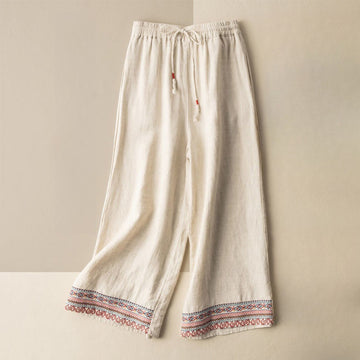 Embroidered Cotton Linen Wide-Leg Mindful Meditation Pants