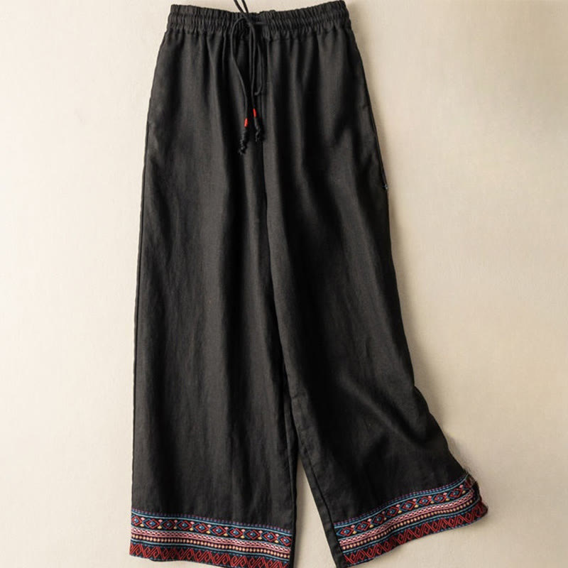 Embroidered Cotton Linen Wide-Leg Mindful Meditation Pants