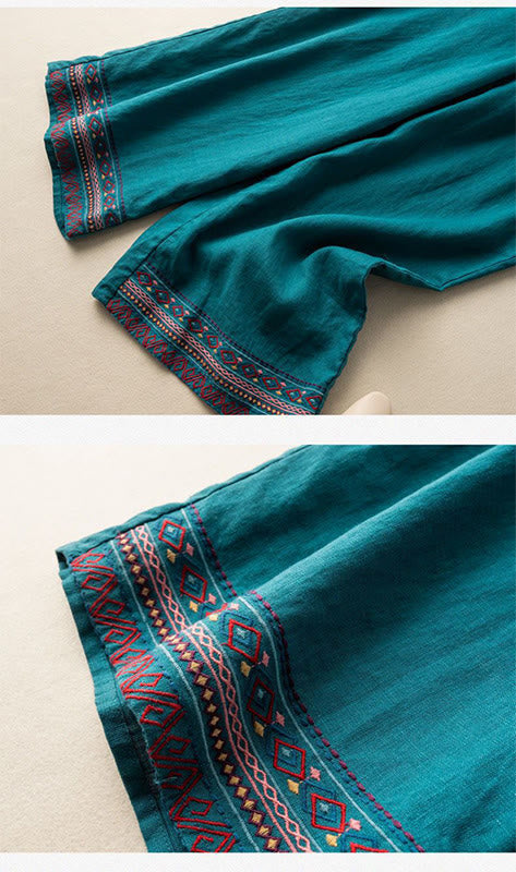 Embroidered Cotton Linen Wide-Leg Mindful Meditation Pants