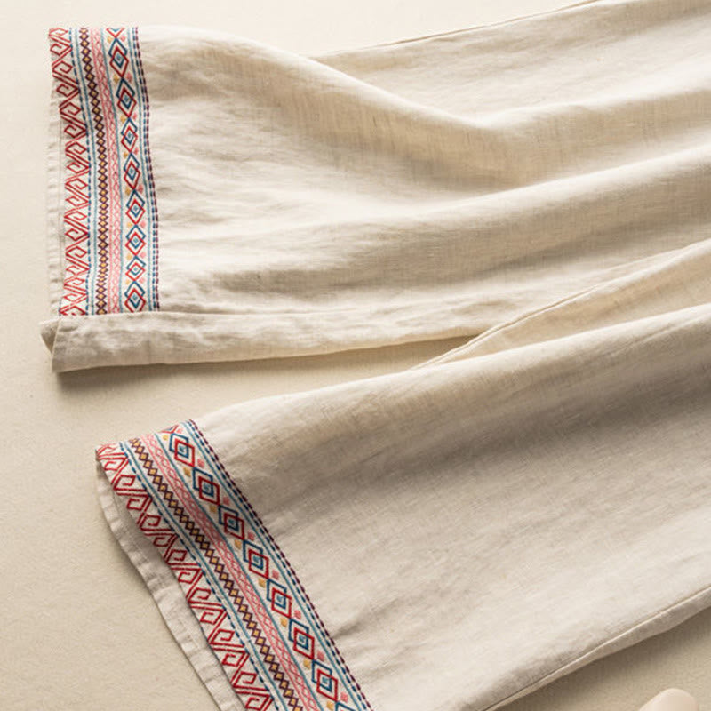 Embroidered Cotton Linen Wide-Leg Mindful Meditation Pants