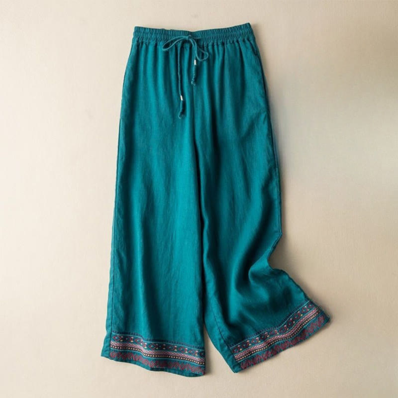 Embroidered Cotton Linen Wide-Leg Mindful Meditation Pants