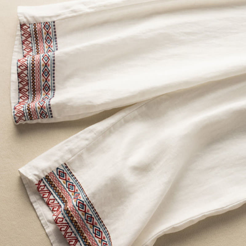 Embroidered Cotton Linen Wide-Leg Mindful Meditation Pants