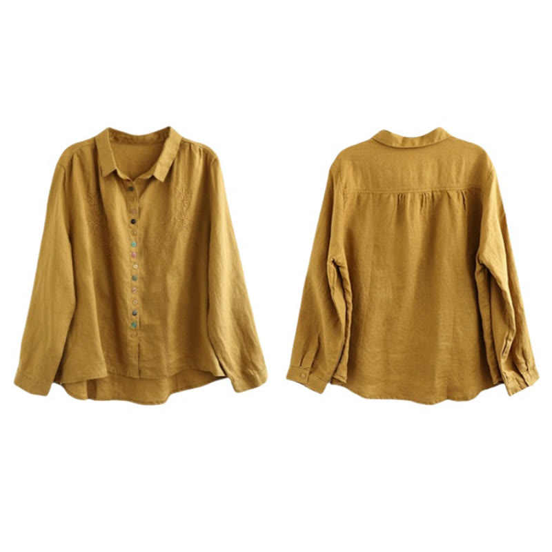 Spring Embroidery Long Sleeve Colorful Button Label Cotton Linen Women's Shirt