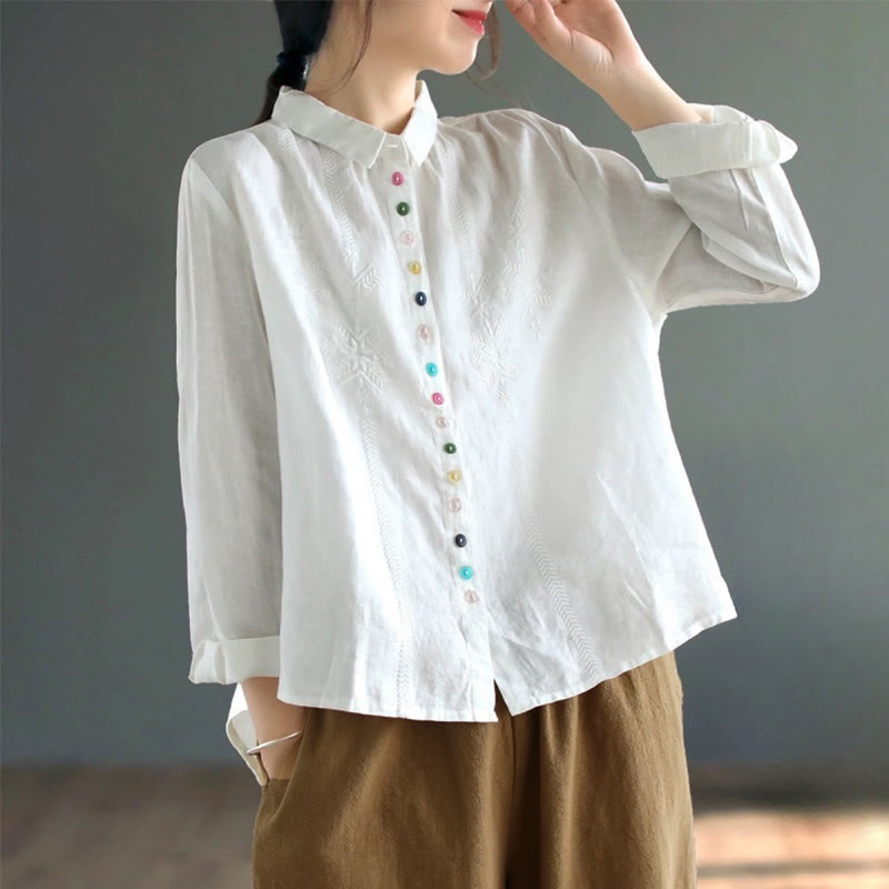 Spring Embroidery Long Sleeve Colorful Button Label Cotton Linen Women's Shirt