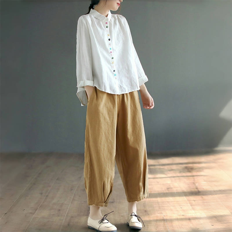 Spring Embroidery Long Sleeve Colorful Button Label Cotton Linen Women's Shirt