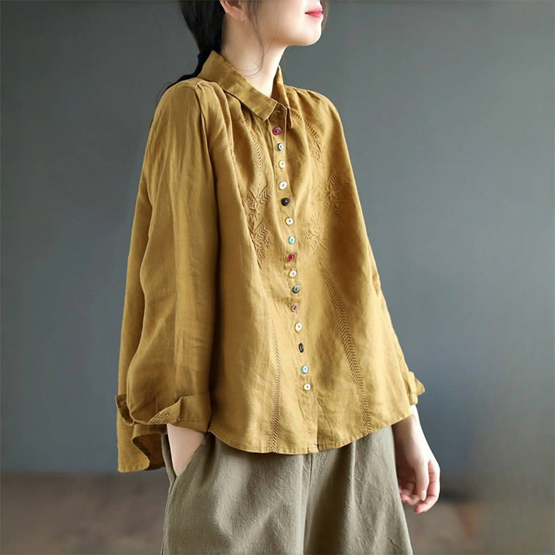 Spring Embroidery Long Sleeve Colorful Button Label Cotton Linen Women's Shirt